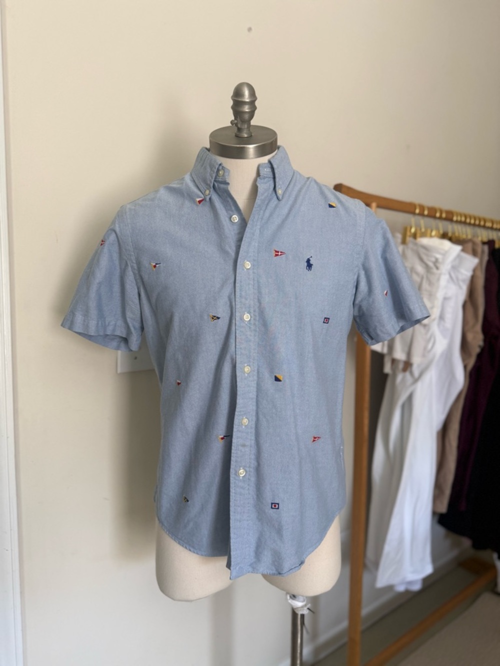 Polo by Ralph Lauren Light Blue Embroidered Flag Short-Sleeve Button-Down Shirt